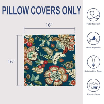 Outdoor 16x16 Inch Throw Pillow Covers Set of 2, All Weather Square Pillow Cases, Patio Cushion Pillow of Home Furniture Use, Peacock Blue - color: Peacock Blue, size: 16" x 16" (Pack of 2)