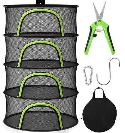 Herb Drying Rack Hanging Mesh 4 Layer 24" with Zipper, Garden Pruning Shear, Hook & Carabiner Clip for Drying Herbs, Plants, Seeds, Buds | Hydroponics & Grow Tents Herb Dryer Hanging Rack - style: 4 Layer 24"