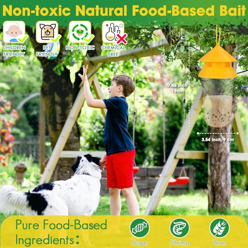 Outdoor Fly Traps, 2 Pack Reusable Hanging Fly Trap for Patio with 12 Non-Toxic Dissolvable Bait Refills, Insect Bug Catcher Killer for All Filth Flies with Ties for Outside Bug Control Yard Ranch