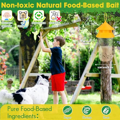Outdoor Fly Traps, 2 Pack Reusable Hanging Fly Trap for Patio with 12 Non-Toxic Dissolvable Bait Refills, Insect Bug Catcher Killer for All Filth Flies with Ties for Outside Bug Control Yard Ranch