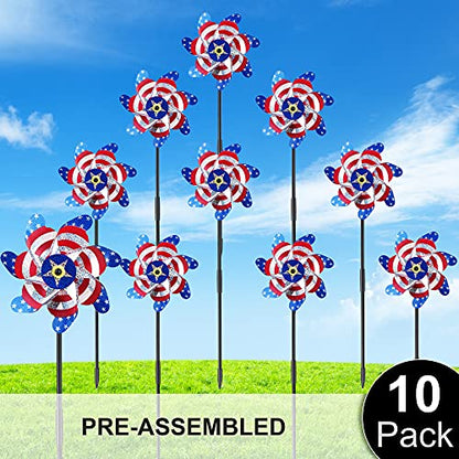 BATTIFE Preassembled Reflective Pinwheels for Yard, American Flag, 10 Pack - color: American Flags, size: 10 Pack