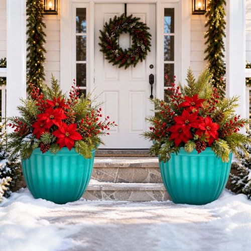 Autodaya 15" Large Planters For Outdoor Plants Set Of 2 Plastic Flower Pots - color: 15"-gradient Teal Green
