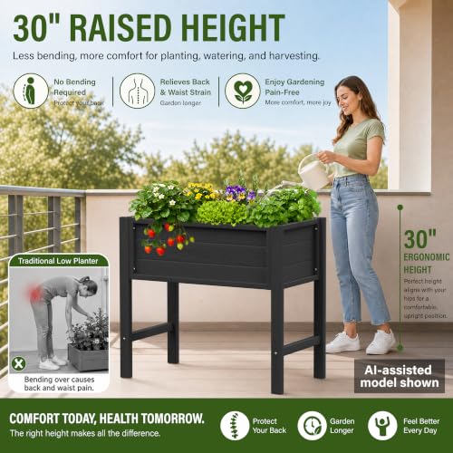 YEFU 34" Small Garden Planter, Wood-Look HIPS Compact Planter Box, Black - color: Black, size: 34"×18"×30"
