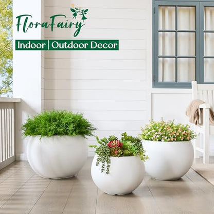 15.8"Dia x 10.9"H Fiberstone Sphere Planter, White Round Flower Pot - color: White, size: Medium