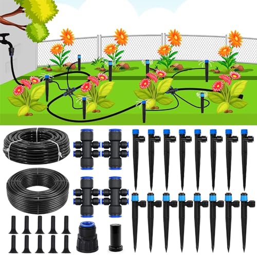 Drip Irrigation System Kit with 2 Sprayer Types, Automatic Garden Watering System, 79FT 1/4 Inch and 16FT 1/2 Inch Tubing, Quick Connector for Lawn, Raised Bed, Greenhouse Plant Watering - size: 16FT Main tube+ 79FT 1/4'' tube