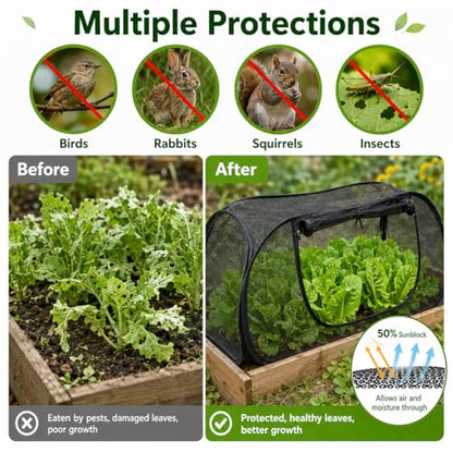2PCS Pop Up Mesh Plant Covers for Raised Beds, Foldable Garden Bed Shade Cover（45 x 22 x 18 in）- 50% Sunblock Mesh Cover with Zipper Door & 16 Stakes for Vegetables Seedlings Herbs（Black）