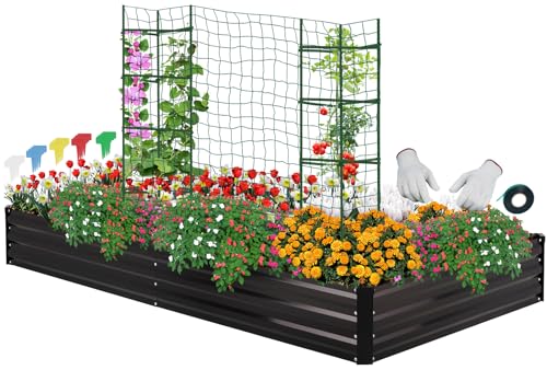 ONCEMORE Galvanized Raised Garden Bed for Vegetables Flowers Herbs, Metal Raised Garden Bed Kit with 2 PCS Tomato Cage, Gloves, Trellis Netting, Plant Labels, Plant Ties, Black 8×4×1FT - color: Black, size: 8x4x1 FT