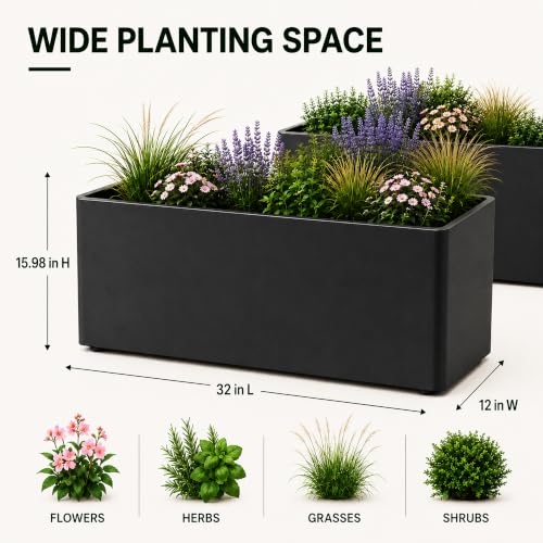 2 Pack 32" Large Rectangular Metal Planter Boxes Outdoor, Long Planter Box - size: 32"L x 12"W x 15.98"H