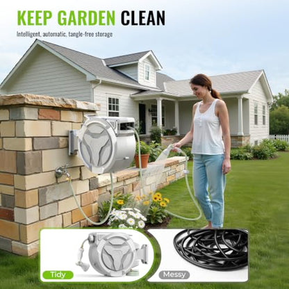 Retractable Garden Hose Reel, 1/2in 100ft Hose Reel with 10 Patterns Nozzle - color: White