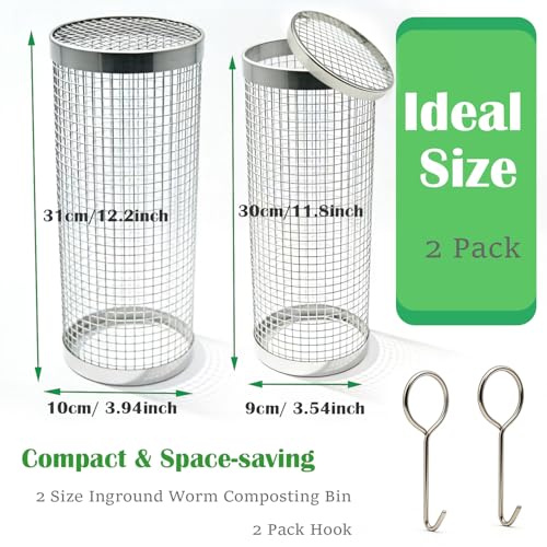 2pack Inground Worm Composting Bin Stainless Steel Worm Farm Composter with Holes and Lid for Recycling Kitchen Food Waste to Raised Garden Beds