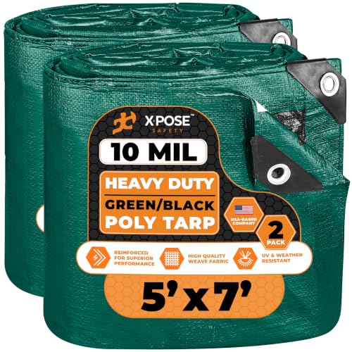 Heavy Duty Poly Tarp - 5' x 7' (2-Pack) - 10 Mil Thick Waterproof, UV Blocking Protective Cover - Reversible Green and Black - Laminated Coating - Grommets - by Xpose Safety - color: Green/Black, size: 5 Feet X 7 Feet (2pk)