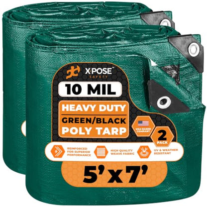 Heavy Duty Poly Tarp - 5' x 7' (2-Pack) - 10 Mil Thick Waterproof, UV Blocking Protective Cover - Reversible Green and Black - Laminated Coating - Grommets - by Xpose Safety - color: Green/Black, size: 5 Feet X 7 Feet (2pk)