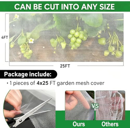 Garden Netting Pest Barrier 4x25FT Ultra Fine Insect Netting for Garden Raised Beds, Plant Net Mesh Cover for Garden Protection, Bird Bug Net, Greenhouse Row Cover Nets for Vegetables Fruits Flowers