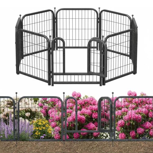 Decorative Garden Metal Fence 15.7ft (L)×24in (H) with 7 Panels 1 Gate Outdoor, No Dig Rustproof Wire, Animal Barrier Fencing for Outdoor Yard Patio Flower Bed,（Black-Silver） - size: 24in(H)x16ft(L)