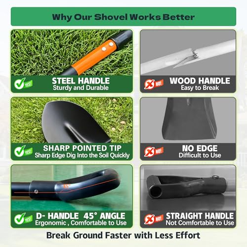 Shovel, Shovels for Digging, 47 Inch Detachable D-Handle with Anti-Slip Design, Heavy Duty Shovels for Gardening Digging