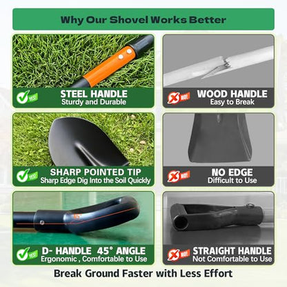 Shovel, Shovels for Digging, 47 Inch Detachable D-Handle with Anti-Slip Design, Heavy Duty Shovels for Gardening Digging