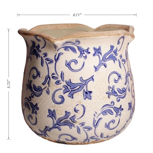 Retro Distressed Ceramic Pots, Antique Crackle Glaze Planters w/ Drainage - color: Blue Swirls