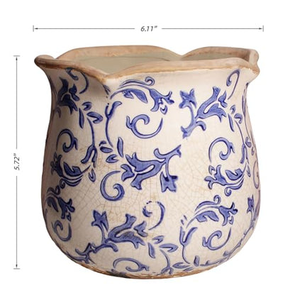 Retro Distressed Ceramic Pots, Antique Crackle Glaze Planters w/ Drainage - color: Blue Swirls