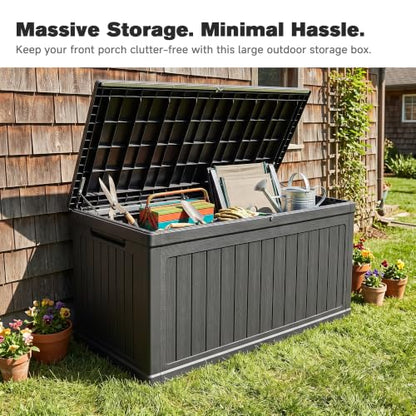 260 Gallon Black Resin Outdoor Storage Deck Box, XXL Bench Utility Box - color: Black-A