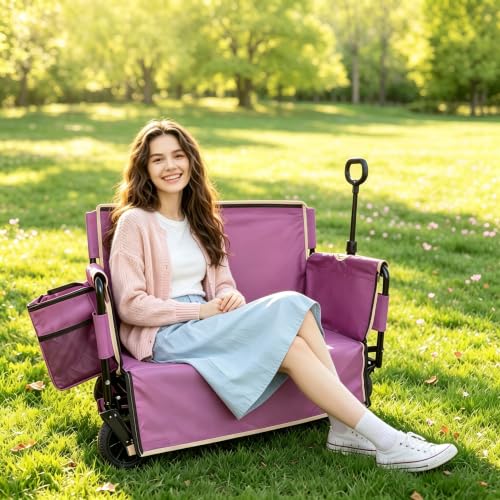 Collapsible Beach Utility Wagon Cart Seat, Heavy-Duty with Ice Bag - color: Purple, size: 7" wheels