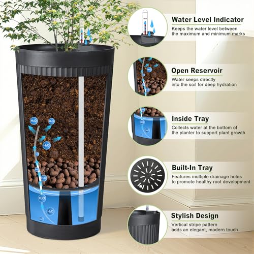 Self Watering Tall Planters Set of 2, Black Round - color: Round Stripe Black