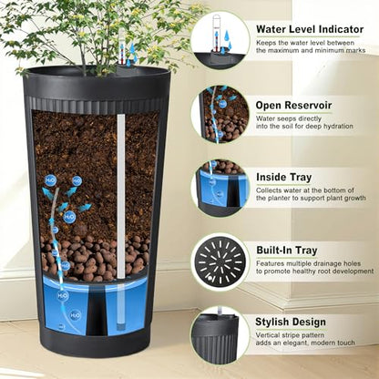 Self Watering Tall Planters Set of 2, Black Round - color: Round Stripe Black