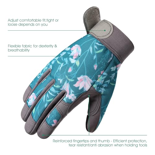 COOLJOB Padded Thorn Proof Gardening Work Gloves for Women & Ladies, S-L - color: Green Flowers, size: Medium
