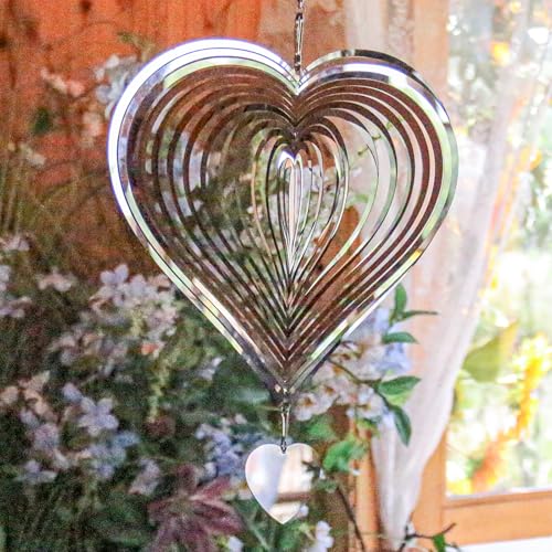 Phuryllic Wind Spinners Outdoor, Garden Decor, Bird Deterrents for Outside, 3D Metal Yard Decorations for Patio & Porch, Unique Gardening Gifts for Women & Moms - 8in Silver Heart - color: 1pc 8in Silver Heart