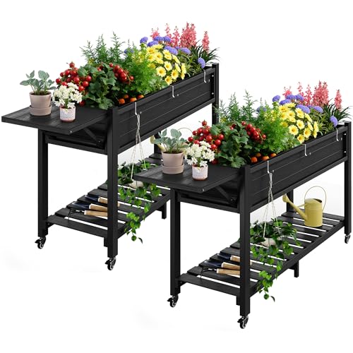 YEFU Raised Garden Bed with Legs, HIPS, Waterproof, 57x18x30in, 2pcs, Black - color: Black, size: All-in-One Rolling Planter(2PCS)