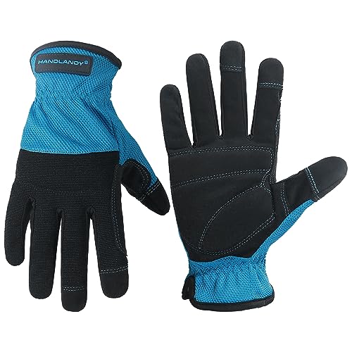 HANDLANDY Work Gloves for Men & Women, Utility Mechanic Working Gloves Touch Screen, Flexible Gardening Gloves for Yard - color: Black Blue (1 Pair), size: Large