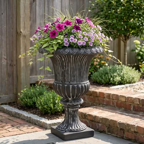 Christopher Knight Home Kyra 24.02" H Classical Urn Planter, MGO Round Outdoor Flower Pot, Weather-Resistant Outdoor Planter for Backyard Hallway, Fluted Relief Pedestal Planter Pot, Antique Black - color: Antique Black (C), size: 1 Piece