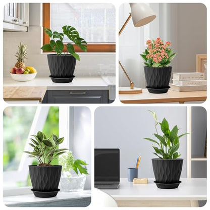GARDIFE 7 Pack Plant Pots 4-7 inch with Drainage Holes and Tray, Black - color: Black