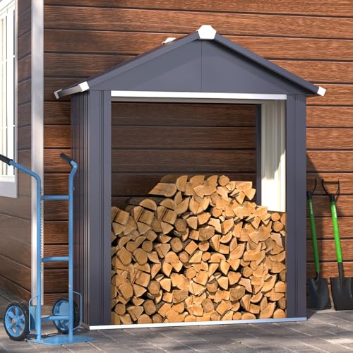 AECOJOY 5x2 Outdoor Firewood Rack Storage Shed, Firewood Rack Outdoor Sheds & Outdoor Storage Cabinet Clearance, Metal Tool Sheds Cabinet Waterproof for Backyard, Garden, Patio in Grey