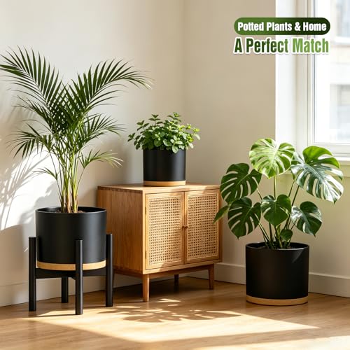 10/9/8 Inch Plant Pots 3 Pack, with Drainage Hole & Saucers - color: Matte Black&brown