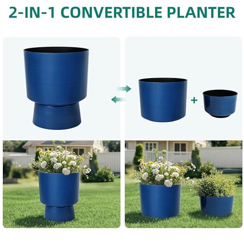 2-Pack 16.8" Brushed Blue Plastic Urn Planters with Detachable Bases - color: Brushed Blue-16.8"h