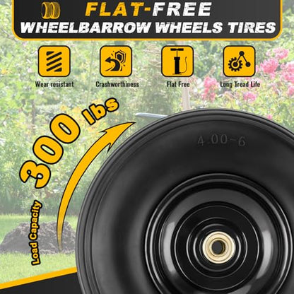 4.00-6 Flat-free Tire and Wheel, 13" Wheelbarrow Wheels and Tires with 5/8" or 3/4" Bearings 4.00-6 Solid Tires Replacement for Wheelbarrow, Gorilla Cart, Hand Trucks, Garden Carts(2 PCS)