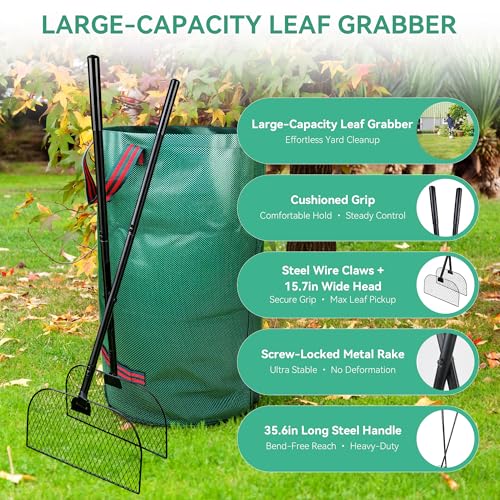 Leaf Grabber Rake with Long Handle Leaf Collector Grass Picker Upper with Yard Bags No Bend Leaves Pickup Tool and Hands Rake for Gardening-Efficient and Labor Saving
