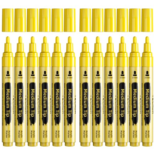 12 Yellow Paint Pens - Permanent Acrylic Paint Markers, Medium Tip - color: Yellow