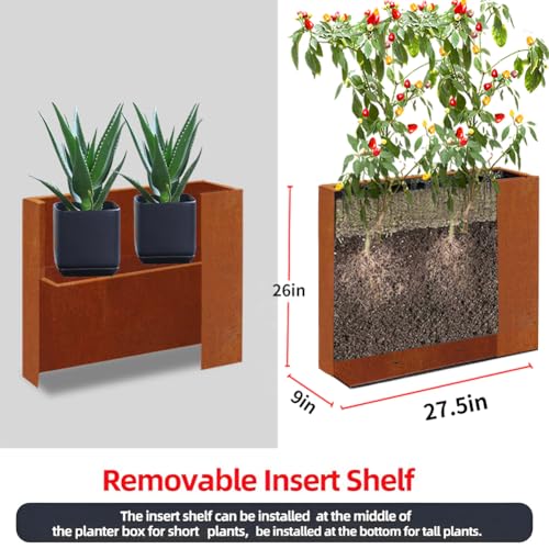 Metal Tall Long Planter Box Large Rectangular Planter Flower Pot with Drainage Holes for Indoor Outdoor Deck Porch Garden Home Patio Front Door (Rusty Orange, S) - color: Rusty Orange, size: Small