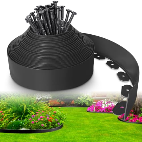 4-Inch x 33 FT Landscape Edging Border with 50 Spikes, No Dig Garden Edging Lawn Border Kit, Plastic Mulch Border Flexible for Garden Flower Beds Lawn Yard Pathway Paver (Black) - color: Black, size: 4 In x 33 FT