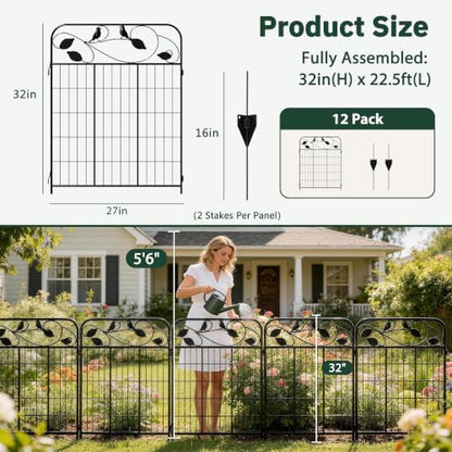 Decorative Garden Fence, 32in H x 12ft L Metal Animal Barrier Fence, Rustproof Dog Fence Outdoor, 10 Panels Sturdy No Dig Garden Border Fence for Flower Beds, Landscaping and Yard - size: 10 Panels-32in(H)x22.5ft(L)-Flat