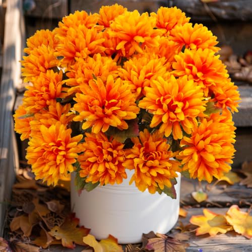 Fake Mums Flowers for Outdoors, 6 Pack 30 Heads Artificial Chrysanthemums Silk Fall Flower for Autumn Wedding Table Front Porch Halloween Diwali Cemetery Indoor Outside Decor (Orange) - color: Orange