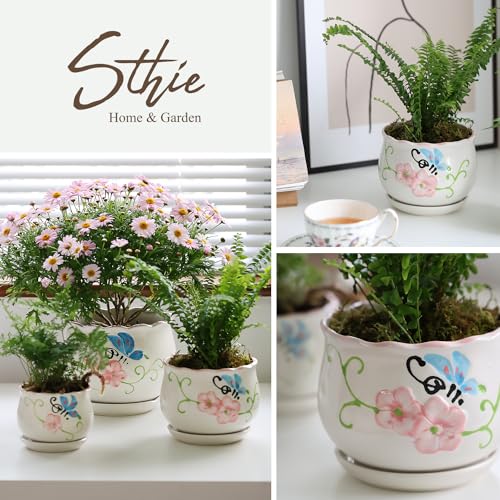 Ceramic Plant Pots with Drainage Holes and Saucers, Small Planters Set of 3 - color: White02