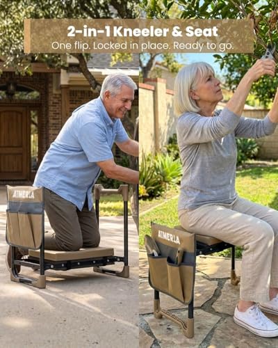Aimerla K7 Foldable Garden Kneeler Seat, Upgraded Anti-Slip Base, 350LBS Capacity, 10.2" Wide EVA Pad & Detachable Cloud Cushion, 2-in-1 Kneeler Bench for Seniors, Gardening Gifts for Parents - color: Khaki
