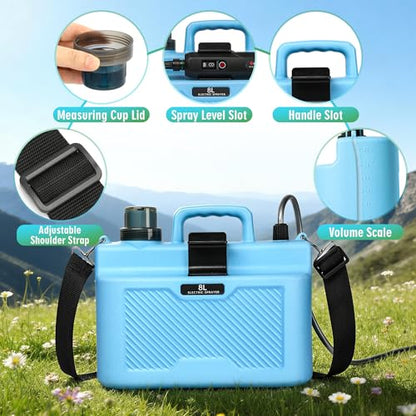 Battery Powered Sprayer 2 Gallon, Powerful Electric Garden Sprayer with 3 Speeds Displayed, Battery Indicator, 4 Mist Nozzles, Retractable Wand, Adjustable Shoulder Strap for Lawn Yard and Garden - color: Blue