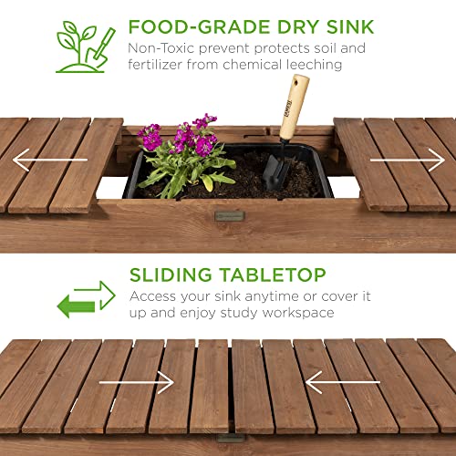 Best Choice Products Mobile Garden Potting Bench, Outdoor Wood Workstation Table w/Sliding Tabletop, 4 Locking Wheels, Food Grade Dry Sink, Storage Shelves - Brown - color: Brown