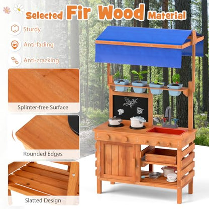 GLACER Mud Kitchen, Fir Wood Kids Play Kitchen with Adjustable Canopy, 4 Planting Pots, Blackboard, Kids Potting Bench Table, Outdoor Mud Table for Girls & Boys 3+