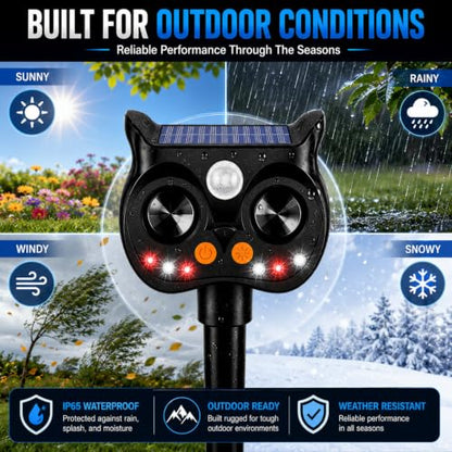New Solar Animal Repellent Ultrasonic Outdoor for Deer Cat Skunk Squirrel Racoon Fortress Pro Animal Repeller Deterrent Devices with LED Strobe,Motion Sensor,Adjustable Volume and Modes for Yard,4 Pcs