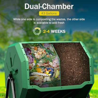 43 Gallon Outdoor Dual Chamber Tumbling Composter - BPA Free, Rotating Compost Bin with Sliding Doors & Steel Frame for Garden/Yard - color: Green