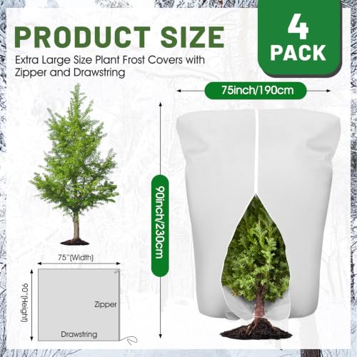 4 Pcs Plant Covers Frost Protection Bag 90"X75" Winter Reusable Plants Jacket with Zipper Drawstring Large Plant Protection Wraps Bags Frost Blanket for Winter Outdoor Garden Plants - color: White, size: 90 x 75 Inch（4 Pcs）